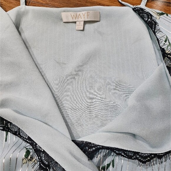 Wayf Blue Lizzie Eyelash Lace Surplice Floral Bodysuit Metallic Pinstripe Size S - Picture 7 of 9